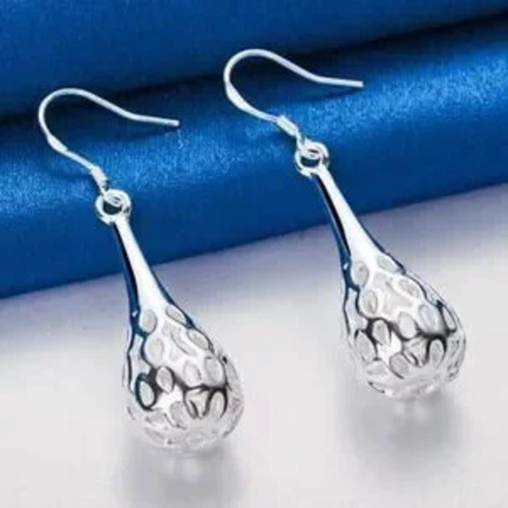 925 Sterling Silver Plated Hammered Teardrop Drop Earrings 1.5